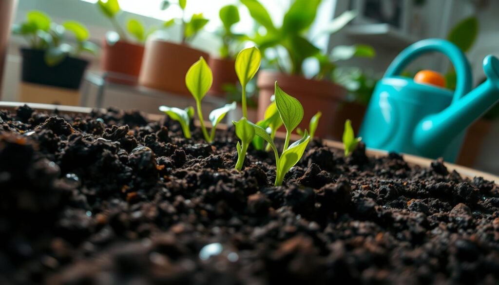 A close-up view of rich, dark potting soil brimming with moisture, showcasing the textured layers of earth. In the foreground, droplets of water cling to the soil's surface, glistening in soft, diffused natural light. Sprouting green shoots of indoor flowers such as peace lilies and pothos peek through the soil, their vibrant leaves contrasting with the earthy tones. In the middle ground, a watering can of bright color sits next to the pot, hinting at the routine of care. The background is softly blurred, featuring the outlines of a cozy indoor setting with a sunlit window and potted plants basking in indirect light, creating a warm and inviting atmosphere that encourages nurturing and growth.