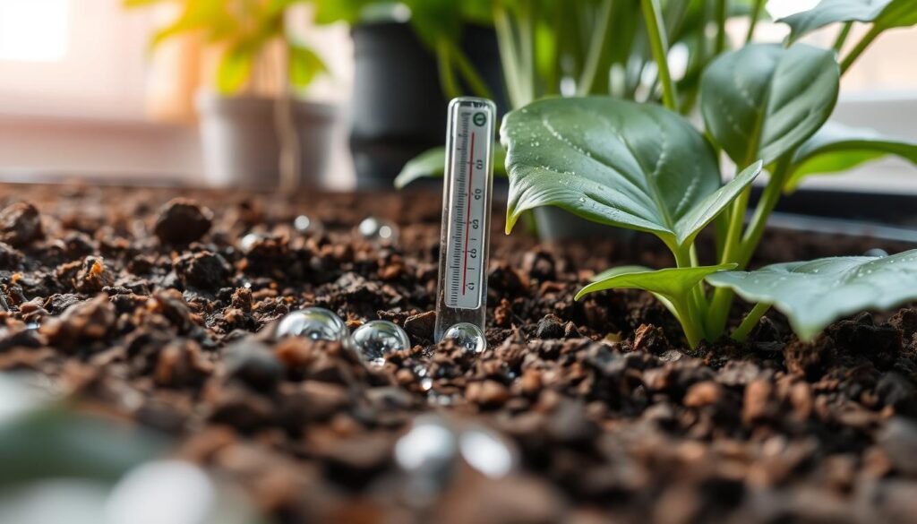 A close-up view of rich, dark soil displaying varied moisture levels, with droplets of water glistening on the surface. In the foreground, healthy green leaves of indoor plants show vibrant coloration, indicating appropriate watering. The middle ground features a moisture meter inserted into the soil, indicating optimal hydration levels. In the background, soft natural light filters in through a window, creating a warm, inviting atmosphere. The scene is shot from a slightly elevated angle, emphasizing the texture of the soil and the lushness of the plants. The overall mood conveys a sense of care and attention to plant health, fostering a peaceful and nurturing environment.