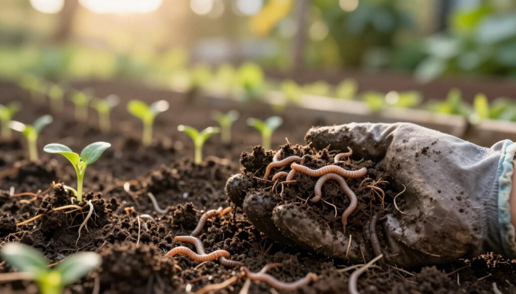 A close-up view of rich, dark soil teeming with life, showcasing a mix of organic matter, tiny earthworms, and vivid plant roots. The foreground features a handful of moist soil being held by a gloved hand, emphasizing the texture and fertility. In the middle ground, small sprouting plants are visible, hinting at their struggle to thrive in this environment. The background blurs into a warm, soft-focus garden setting with dappled sunlight casting gentle shadows, creating a peaceful and nurturing atmosphere. The lighting is warm and inviting, simulating a late afternoon sun, highlighting the natural colors of the soil and greenery. The overall mood is serene yet vibrant, evoking a sense of life and growth against a tranquil backdrop.