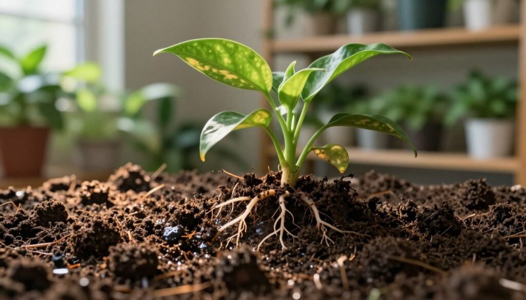 A close-up view of rich, dark soil visually depicting soil moisture levels, showcasing a healthy indoor plant’s roots emerging slightly from the soil. In the foreground, the soil is slightly damp, glistening under soft, natural sunlight coming from the left, creating warm highlights that contrast the darker soil. The middle ground features vibrant green leaves of the plant, some with slight yellowing at the edges, indicating possible care issues. In the background, blurred shelves filled with various indoor plants enhance the context. The atmosphere is calm and nurturing, suggesting a serene indoor gardening environment, with a depth of field focusing on the moist soil and plant roots. This image should evoke a sense of care and attention to plant health. A close-up view of rich, dark soil visually depicting soil moisture levels, showcasing a healthy indoor plant’s roots emerging slightly from the soil. In the foreground, the soil is slightly damp, glistening under soft, natural sunlight coming from the left, creating warm highlights that contrast the darker soil. The middle ground features vibrant green leaves of the plant, some with slight yellowing at the edges, indicating possible care issues. In the background, blurred shelves filled with various indoor plants enhance the context. The atmosphere is calm and nurturing, suggesting a serene indoor gardening environment, with a depth of field focusing on the moist soil and plant roots. This image should evoke a sense of care and attention to plant health.