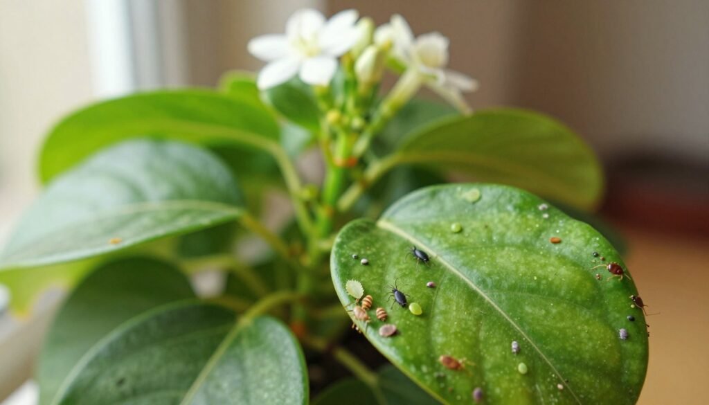 A close-up view of various pests infesting the leaves of a flowering houseplant. In the foreground, capture small insects such as aphids, spider mites, and mealybugs clinging to vibrant green leaves, showing details like their textures and colors. The middle ground should feature slightly curled leaves, indicating distress, with a soft focus on the plant's blooms to suggest its overall health. In the background, use a blurred indoor setting with warm, natural lighting that creates a cozy atmosphere, highlighting the importance of nurturing plants. Aim for a macro lens effect to emphasize the pests’ features against the lush foliage, evoking a sense of urgency and care for plant health. A close-up view of various pests infesting the leaves of a flowering houseplant. In the foreground, capture small insects such as aphids, spider mites, and mealybugs clinging to vibrant green leaves, showing details like their textures and colors. The middle ground should feature slightly curled leaves, indicating distress, with a soft focus on the plant's blooms to suggest its overall health. In the background, use a blurred indoor setting with warm, natural lighting that creates a cozy atmosphere, highlighting the importance of nurturing plants. Aim for a macro lens effect to emphasize the pests’ features against the lush foliage, evoking a sense of urgency and care for plant health.