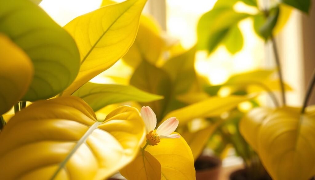 A close-up view of vibrant yellow leaves on potted indoor flowers, showcasing various textures and shades of yellow. The foreground features glossy green and yellow leaves with subtle blemishes to suggest plant stress. In the middle ground, delicate flower petals in soft hues contrast against the yellow leaves, highlighting their beauty. In the background, a softly diffused golden light filters through a window, creating a warm and inviting atmosphere that enhances the hues of the leaves. The composition captures an intimate moment in a cozy indoor space, filled with tranquility and a sense of nurturing, ideal for drawing attention to the message of plant care. The image should be bright and airy, emphasizing the themes of observation and understanding.