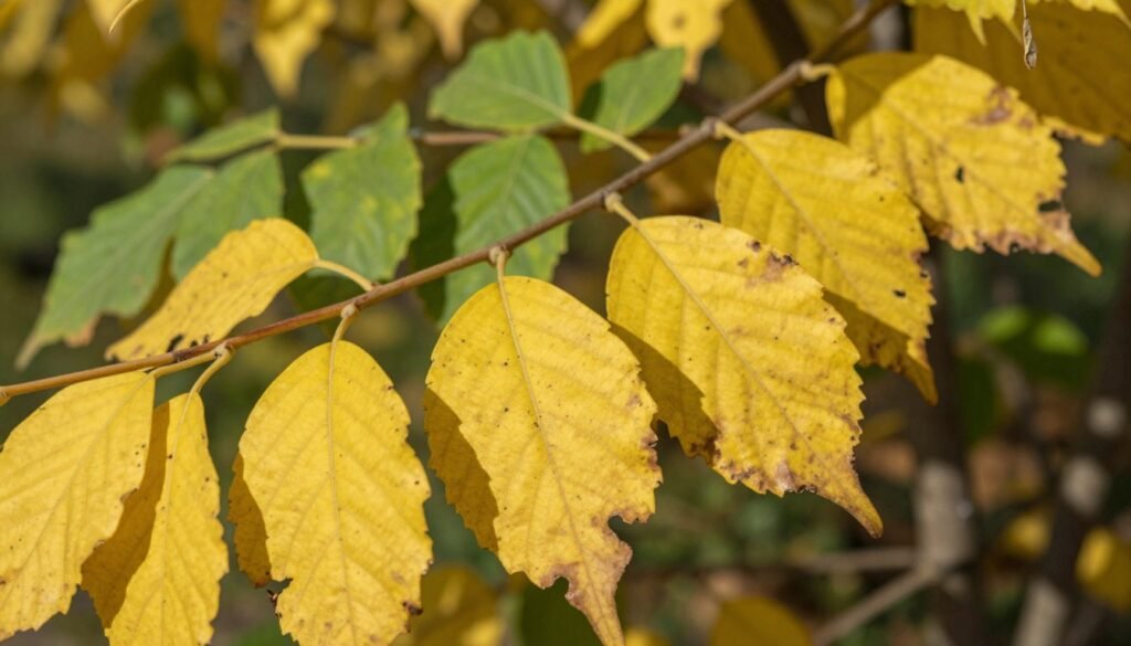 A close-up view of yellowing leaves, highlighting their intricate textures and fading hues. The foreground features a cluster of vibrant yellow leaves, some with curling edges and spots, indicating potential distress. In the middle ground, a few green leaves still clinging to the branch offer contrast, suggesting a transition. The background includes soft, blurred greenery with sunlight filtering through, casting warm, dappled light and creating a serene atmosphere. Capture this scene with a slightly elevated angle, allowing the viewer to feel immersed in nature. The mood should evoke a sense of caution and awareness, inviting reflection on the natural process of shedding versus potential care issues. A close-up view of yellowing leaves, highlighting their intricate textures and fading hues. The foreground features a cluster of vibrant yellow leaves, some with curling edges and spots, indicating potential distress. In the middle ground, a few green leaves still clinging to the branch offer contrast, suggesting a transition. The background includes soft, blurred greenery with sunlight filtering through, casting warm, dappled light and creating a serene atmosphere. Capture this scene with a slightly elevated angle, allowing the viewer to feel immersed in nature. The mood should evoke a sense of caution and awareness, inviting reflection on the natural process of shedding versus potential care issues.
