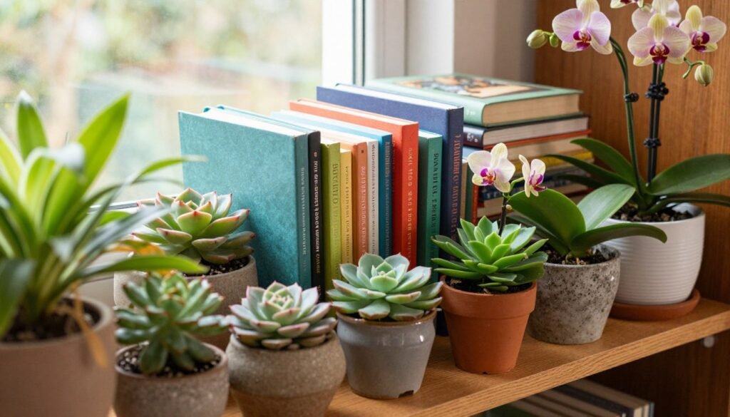 A cozy indoor plant shelf scene filled with an artistic arrangement of potted flowers and books. In the foreground, various vibrant potted plants, such as succulents and flowering orchids, are placed on a wooden shelf adorned with texture. The middle section features a mix of colorful books standing upright and some stacked, showcasing their spines and covers. In the background, soft natural light filters through a nearby window, casting gentle shadows and creating a warm atmosphere. The overall mood is tranquil and inviting, emphasizing the balance between literature and nature. The angle is slightly from above, capturing both the plants and books harmoniously. No text, logos, or watermarks are included in the image.