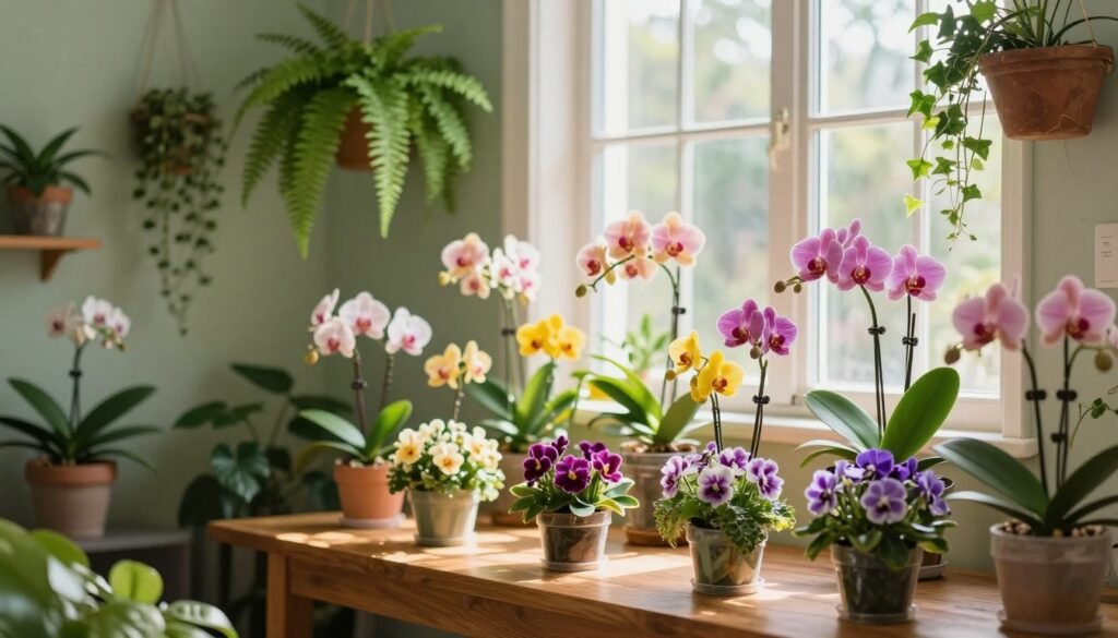 A cozy indoor room filled with a diverse arrangement of blooming plants, showcasing vibrant colors like pinks, yellows, and purples. In the foreground, a wooden table displays potted flowering plants such as orchids and violets, their petals delicately opened. The middle ground features a large window letting in soft, warm sunlight that casts gentle shadows, enhancing the plants' vibrant hues. In the background, light green walls are adorned with hanging planters, showcasing cascading ferns and trailing ivy, adding a sense of depth. The atmosphere is tranquil and inviting, evoking a feeling of freshness and life. The composition is photographed with a shallow depth of field to emphasize the plants, creating a serene and nurturing environment perfect for a blossoming indoor display.