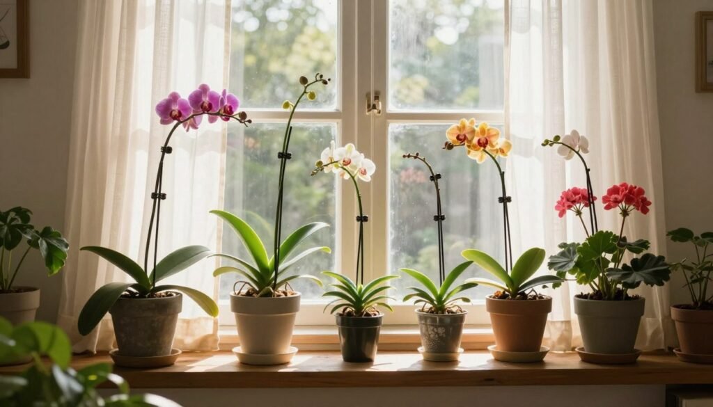 A cozy indoor scene featuring a variety of leggy flowering houseplants positioned in front of a large, sunlit window. In the foreground, several potted plants with elongated stems reach towards the light, displaying vibrant flowers like orchids and geraniums. In the middle, a wooden windowsill adorned with small decorative pots complements the greenery, while sunlight pours in, creating a warm and inviting atmosphere. The background reveals soft, sheer curtains gently swaying in the breeze, allowing sunlight to filter through and illuminate the leaves, casting delicate shadows. The lighting is bright yet soft, reminiscent of a serene morning. The overall mood is tranquil and nurturing, highlighting the importance of proper light and placement for healthy indoor gardening.