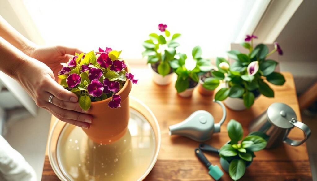 A cozy indoor scene showcasing the bottom watering technique for flowering houseplants. In the foreground, a pair of hands gently places a terracotta pot with vibrant, leafy flowers into a shallow tray filled with water. Glimmering droplets of water reflect sunlight, creating a warm atmosphere. In the middle, a variety of houseplants – such as African violets and peace lilies – stand on a wooden table, surrounded by gardening tools like a watering can and a small trowel, indicating care and attention. The background features a bright window letting in soft, natural light, illuminating the greenery and enhancing the inviting mood. Captured from a top-down angle, the image conveys a sense of tranquility and showcases the safe, effective method of bottom watering plants without causing root rot.