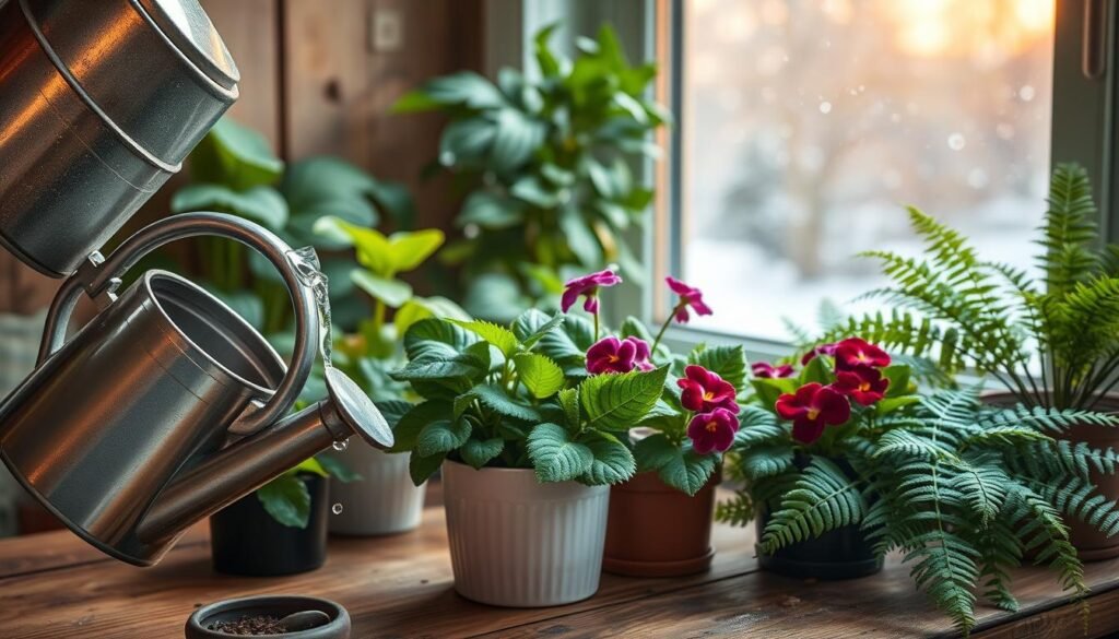 A cozy indoor setting featuring a variety of healthy houseplants, such as flowering African violets and lush ferns, arranged on a rustic wooden table. The foreground showcases a watering can with water glistening as it gently pours over the plants, droplets catching the soft, warm light filtering through a nearby window. In the middle, several houseplants exhibit vibrant blossoms and lush foliage, with careful detail on their leaves to emphasize their health and vitality. The background contains a softly blurred view of a wintery landscape outside, with snow gently falling, enhancing the contrast between the chilly environment and the thriving indoor greenery. The mood is serene and nurturing, evoking a sense of warmth and care for indoor gardening during winter.