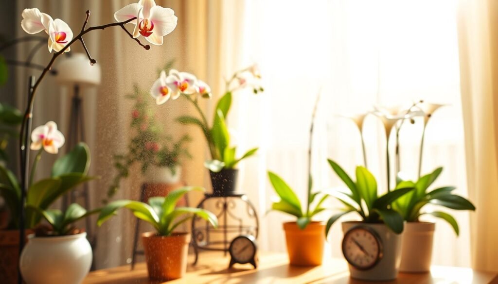 A cozy indoor setting featuring a variety of healthy potted flowers, such as orchids and peace lilies, thriving in a humid environment. In the foreground, mist droplets hang in the air, sparkling softly under warm, diffused sunlight filtering through a large window. The middle ground showcases a decorative plant stand with flowers at different heights, while a small humidity gauge sits nearby, indicating optimal moisture levels. The background consists of light, airy curtains that sway slightly, enhancing the tranquil atmosphere. The overall mood is serene and nurturing, capturing the essence of humidity's importance in flower care, with a softly blurred focus that draws attention to the vibrant colors and lush greenery.