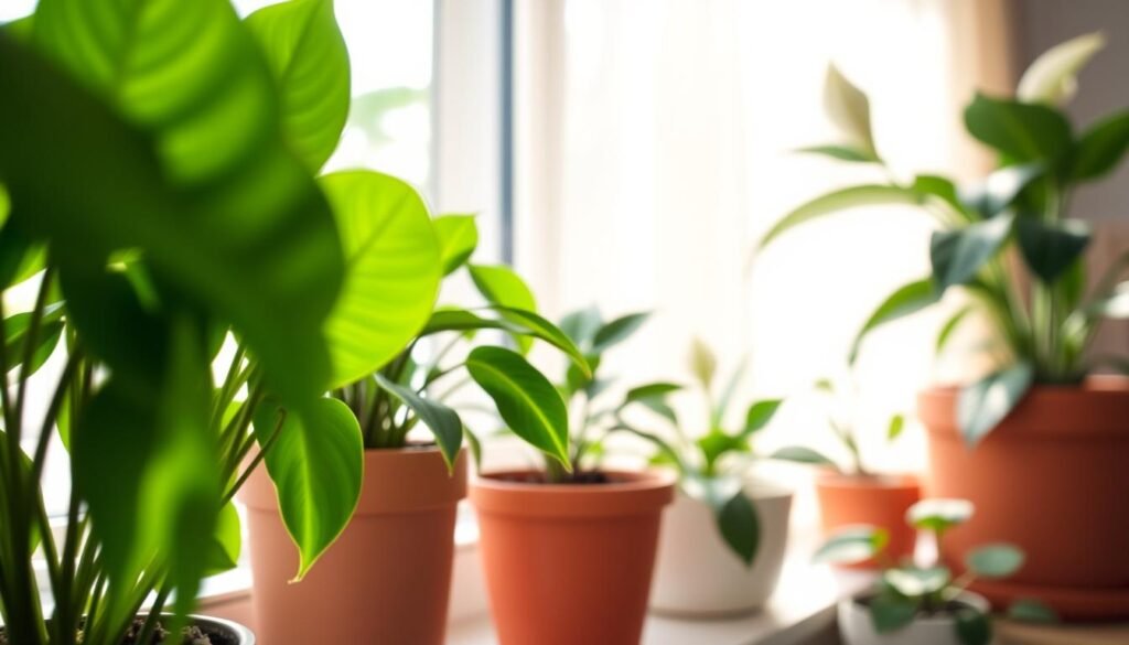 A cozy indoor setting filled with a variety of bright indirect light indoor plants, such as pothos, spider plants, and peace lilies. In the foreground, several vibrant green leaves are framed against a sunlit windowsill. The middle ground features a stylish terracotta pot, showcasing rich, dark potting soil with visible texture. The background displays soft, muted colors, with sunlight filtering through sheer curtains, creating a warm and inviting atmosphere. The image captures a shallow depth of field to focus on the plants, with a soft bokeh effect that adds a touch of tranquility. Emphasize natural light and a welcoming environment, conveying the ease and beauty of beginner-friendly indoor gardening.