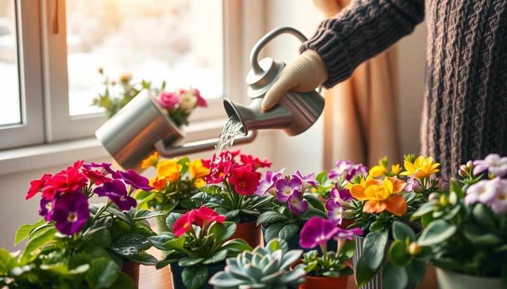 A cozy indoor setting in winter, featuring a variety of healthy potted flowers being carefully watered. In the foreground, a person dressed in a warm sweater and wearing gardening gloves gently tilts a watering can over vibrant blooms, ensuring not to oversaturate the soil. In the middle, an assortment of colorful indoor plants, including African violets and succulents, are placed on a wooden table, their leaves glistening with droplets of water. The background reveals a softly lit window with snowy scenery outside, creating a serene and tranquil atmosphere. Warm, natural light spills into the room, enhancing the indoor greenery and evoking a sense of care and nurturing for the flowers. The composition reflects a peaceful and inviting mood, perfect for indoor gardening enthusiasts.