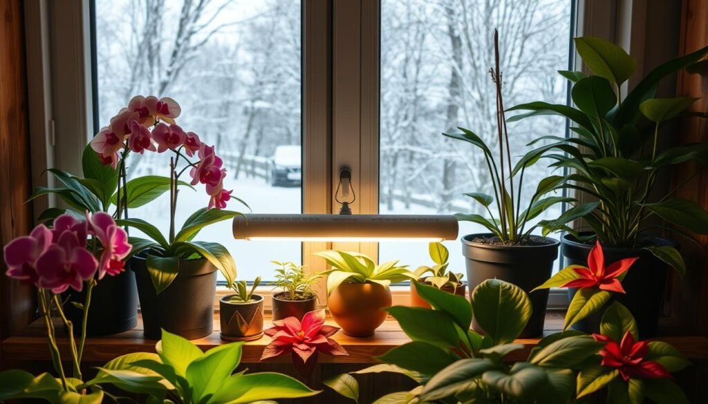 A cozy indoor setting showcasing various houseplants arranged on a wooden shelf by a window during winter. The foreground features vibrant flowering plants like orchids and poinsettias, their leaves vibrant green with hints of yellow to indicate light deficiency. In the middle, a grow light emits a soft, warm glow, illuminating the plants and casting gentle shadows. The background includes a snow-covered landscape visible through the window, creating a stark contrast with the lush indoor greenery. The lighting should evoke a calming atmosphere, with a soft focus on the plants and a sharper view of the grow light. The angle captures the plants thriving under artificial light, emphasizing how they can flourish indoors despite the winter chill outside.