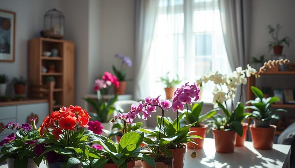 A cozy indoor setting with a bright, softly diffused light illuminating a table filled with vibrant indoor flowers in various pots. In the foreground, a variety of flowering plants, such as African violets and orchids, with lush green leaves, showcase their colors. The middle ground features a large window with sheer curtains, allowing indirect sunlight to flood the space, casting gentle shadows on the table. In the background, subtle hints of home decor, like potted herbs and a bookshelf, create a warm atmosphere. The overall mood is inviting and serene, emphasizing the importance of suitable lighting conditions for plant care. Utilize a soft focus lens to enhance the tranquil ambiance, capturing the essence of light's role in nurturing indoor flowers.