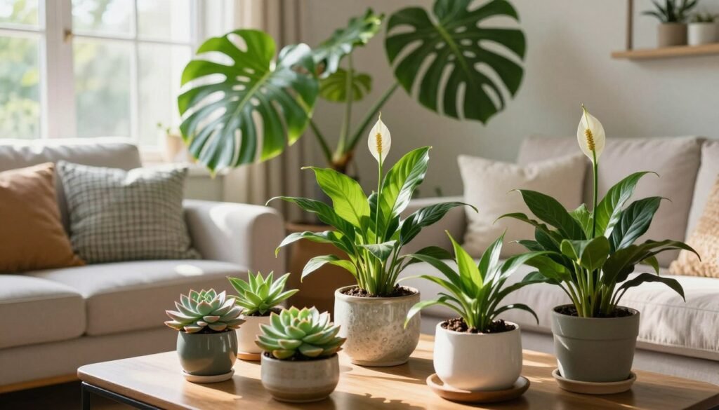 A cozy living room filled with a variety of potted plants, showcasing a stunning indoor flower display. In the foreground, a stylish coffee table adorned with vibrant succulents and a flowering peace lily. The middle features large, leafy houseplants like monstera and fiddle leaf fig in decorative ceramic pots, each adding a touch of greenery and life. The background showcases a soft, neutral-colored sofa adorned with textile cushions. Sunlight streams in through a large window, casting warm, natural light that enhances the lush greenery and creates a serene, inviting atmosphere. The lens captures the scene from an eye-level angle, focusing on the harmony of plants and furniture to evoke a sense of tranquility and homey charm.