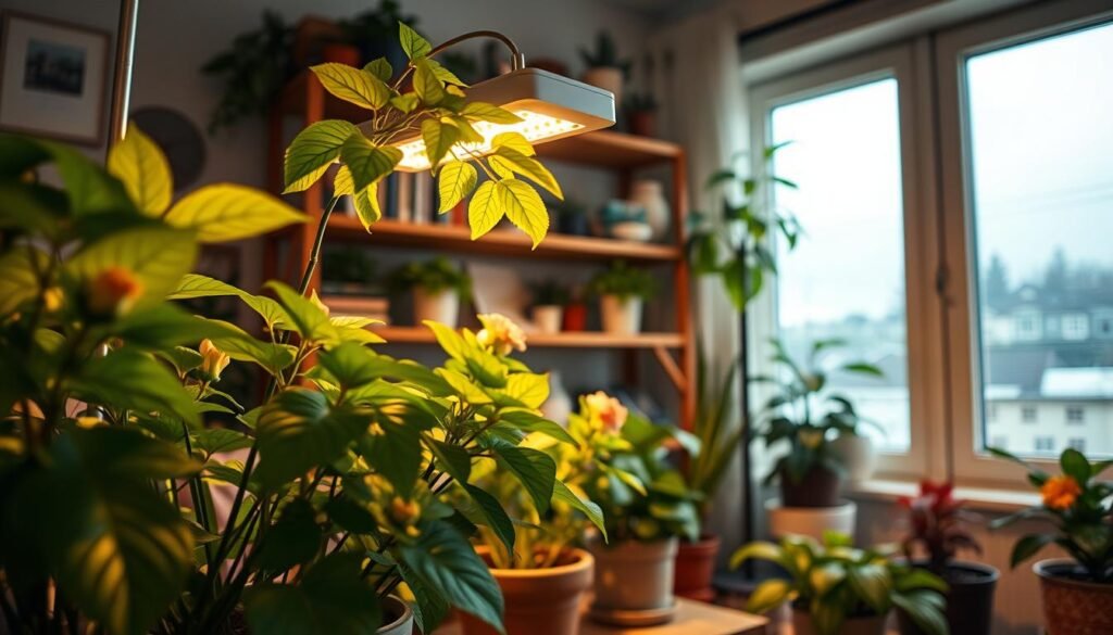A cozy, well-lit indoor space featuring a variety of indoor flowers in pots, including vibrant green leaves and prominent yellow leaves on some plants. In the foreground, a bright, modern grow light is illuminating the plants, casting soft shadows that highlight their textures. The middle ground showcases a wooden shelf filled with these flowering plants, surrounded by a few books and decorative items. The background features a softly glowing window revealing a cloudy day outside, emphasizing the low-light environment of the home. Use a warm color palette to create an inviting atmosphere, with soft diffused lighting reminiscent of early morning light, captured from a slightly elevated angle to encompass the entire scene.