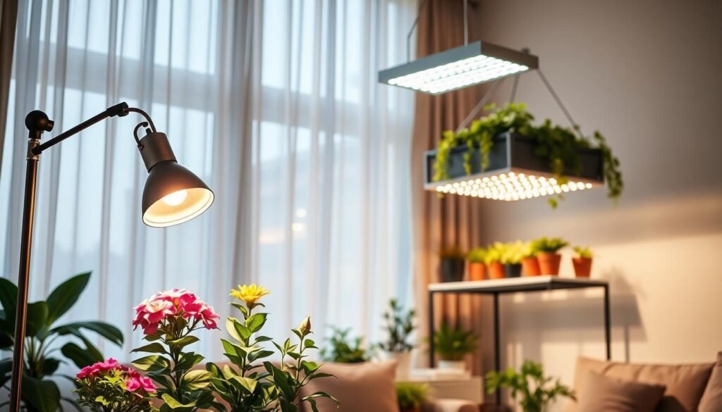 A cozy, well-lit living room featuring an array of stylish grow lights designed for indoor plants. In the foreground, a sleek floor lamp with adjustable arm holding a full-spectrum LED grow bulb, casting a soft, warm glow on several vibrant potted flowers. In the middle ground, a decorative shelf displays a variety of potted herbs and succulents, illuminated by a hanging grow light with a modern design. The background includes a large window draped with sheer curtains, allowing sunlight to filter in, creating a serene atmosphere. The overall mood conveys tranquility and nurturing, emphasizing how grow lights can seamlessly blend into home decor while promoting healthy plant growth. A professional lens perspective captures the scene clearly, focusing on the details and textures of both the lighting and the foliage. A cozy, well-lit living room featuring an array of stylish grow lights designed for indoor plants. In the foreground, a sleek floor lamp with adjustable arm holding a full-spectrum LED grow bulb, casting a soft, warm glow on several vibrant potted flowers. In the middle ground, a decorative shelf displays a variety of potted herbs and succulents, illuminated by a hanging grow light with a modern design. The background includes a large window draped with sheer curtains, allowing sunlight to filter in, creating a serene atmosphere. The overall mood conveys tranquility and nurturing, emphasizing how grow lights can seamlessly blend into home decor while promoting healthy plant growth. A professional lens perspective captures the scene clearly, focusing on the details and textures of both the lighting and the foliage.