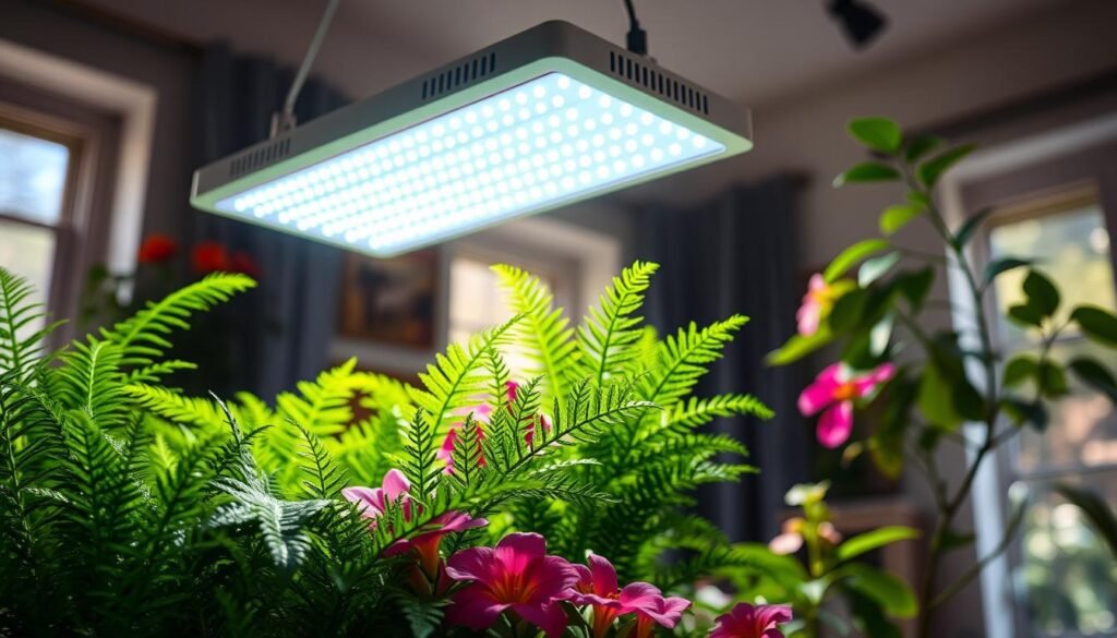 A modern and sleek indoor garden setup featuring a full spectrum LED grow light brightly illuminating a variety of houseplants, including vibrant green ferns and blooming flowers. The LED grow light, suspended overhead, showcases a futuristic design with adjustable panels, casting a warm, inviting glow over the lush foliage. In the foreground, a close-up of healthy plant leaves glistens with droplets of humidity, reflecting the light, emphasizing their vitality. The background is softly blurred, showcasing a cozy living space with natural light filtering in through a window, creating a serene and nurturing atmosphere. The image captures the essence of nurturing indoor gardening, highlighting the importance of proper lighting for flourishing plants.