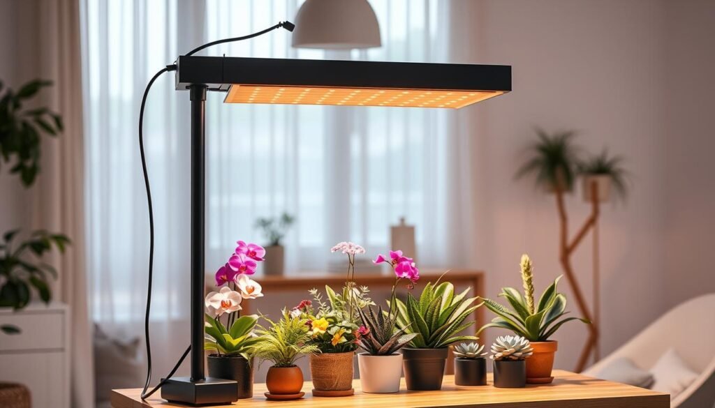A modern indoor grow light with an adjustable stand, positioned prominently in the foreground, emitting a soft, warm glow that illuminates a variety of potted indoor flowers beneath it. The flowers include vibrant orchids, lush ferns, and sunny succulents, showcasing a variety of colors and textures. In the middle ground, a stylish wooden table holds the grow light and floral arrangements, while a cozy indoor setting is visible in the background, featuring a minimalist room with light-colored walls and natural light filtering through sheer curtains. The atmosphere is serene and inviting, with a focus on optimal light distribution, reflecting the importance of light in nurturing plant growth. Capture this scene with a soft focus, highlighting the warmth and vibrancy of the plants in a well-lit, inviting space. A modern indoor grow light with an adjustable stand, positioned prominently in the foreground, emitting a soft, warm glow that illuminates a variety of potted indoor flowers beneath it. The flowers include vibrant orchids, lush ferns, and sunny succulents, showcasing a variety of colors and textures. In the middle ground, a stylish wooden table holds the grow light and floral arrangements, while a cozy indoor setting is visible in the background, featuring a minimalist room with light-colored walls and natural light filtering through sheer curtains. The atmosphere is serene and inviting, with a focus on optimal light distribution, reflecting the importance of light in nurturing plant growth. Capture this scene with a soft focus, highlighting the warmth and vibrancy of the plants in a well-lit, inviting space.