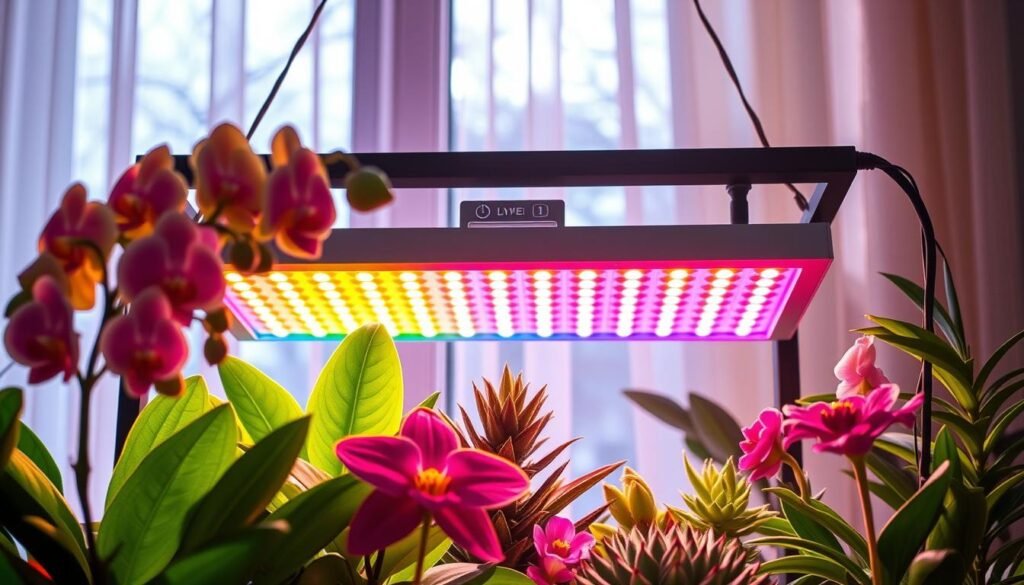 A modern indoor plant setup featuring a vibrant spectrum LED grow light illuminating healthy indoor flowers. In the foreground, close-up shots of various blooming plants like orchids and succulents are lush and colorful, showcasing their intricate petals and leaf textures. The middle ground includes a sleek spectrum LED panel with adjustable settings, casting a warm glow with a gradient of colors representing the essential light spectrum for plant growth. The background features a softly blurred window with soft winter light filtering through sheer curtains, evoking a cozy and inviting atmosphere. The overall mood is bright and cheerful, emphasizing the harmony between technology and nature for optimal indoor plant care.