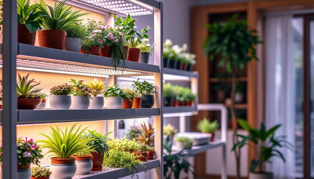 A modern indoor plant shelf illuminated by vibrant LED strip lights, showcasing various potted indoor flowers and propagation racks. In the foreground, a sleek shelf filled with lush greenery in elegant ceramic pots, featuring a mix of ferns, succulents, and flowering plants. The middle layer highlights warm white LED strip lights running along the edges of the shelves, casting a gentle glow on the plants, enhancing their colors and textures. In the background, a softly-lit room with warm wooden accents and a gentle bokeh effect, promoting a serene and nurturing atmosphere. The image should convey a feeling of tranquility and growth, emphasizing the harmony between technology and nature, captured with a soft focus lens for an inviting ambiance.