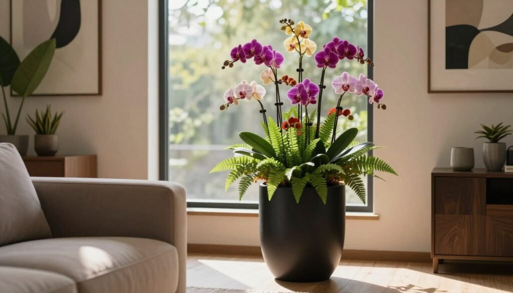 A modern indoor setting featuring a large floor planter as the focal point, bursting with vibrant flowering plants such as orchids and ferns. The planter should be sleek and cylindrical, made from matte black ceramic, situated in a tastefully decorated living room. In the foreground, a stylish couch with soft fabric textures complements the planter. The middle ground showcases the planter against a large window, allowing natural light to flood the room and create soft shadows. The background includes abstract artwork on the walls and green foliage from a few potted plants, enhancing the tranquil atmosphere. The overall mood is fresh and inviting, emphasizing the beauty of indoor plant displays. Use warm, diffused lighting to accentuate the colors of the flowers and textures in the scene.