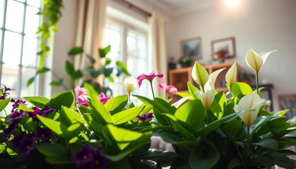 A serene indoor environment showcasing a variety of healthy indoor flowers in a well-lit setting, emphasizing the importance of optimal light levels for plant care in winter. In the foreground, lush greenery and vibrant flowers such as African violets and peace lilies thrive. The middle ground features a window allowing soft, natural sunlight to filter in, highlighting the textures of the leaves. In the background, a cozy, neutral-toned room with light-colored walls creates a warm atmosphere. Use soft, even lighting to prevent harsh shadows, with a slight lens flare from the sunlight, suggesting a cheerful and nurturing ambiance. The angle captures both the plants and the light source, ensuring clarity and focus on the importance of proper lighting conditions for indoor gardening.