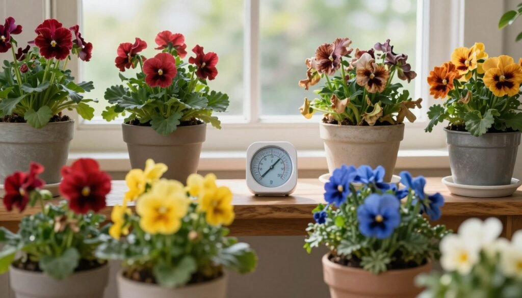 A serene indoor garden featuring vibrant flowers, some blooming while others show signs of color fading, illustrating the effects of temperature changes. In the foreground, a variety of flowers in shades of red, yellow, and blue sit in elegant pots. The middle ground reveals a temperature gauge and a humidity meter on a wooden table, subtly indicating the indoor climate. In the background, a bright window allows soft, diffused natural light to filter in, casting gentle shadows that create a peaceful atmosphere. The composition captures the contrast between healthy and fading flowers, providing a visual representation of temperature influences. The scene feels calming and composed, emphasizing the importance of proper indoor conditions for plant vitality.