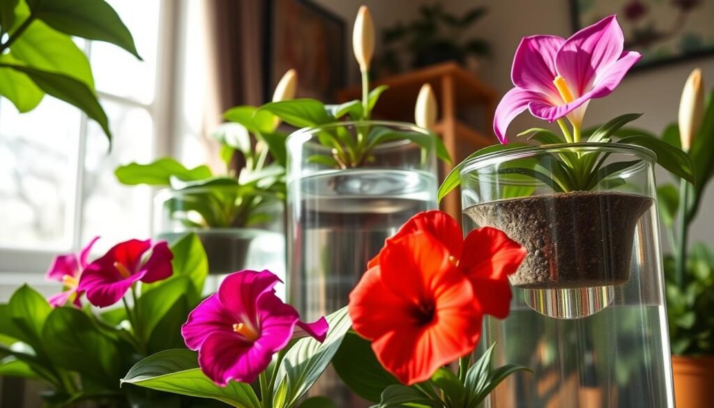 A serene indoor garden scene featuring several flowering houseplants being bottom watered. In the foreground, showcase vibrant blooms of African violets and peace lilies, their bright petals contrasting against lush green leaves. The middle layer includes clear glass containers filled with water, with the plant pots submerged halfway, demonstrating the bottom watering technique. In the background, soft natural light streams through a window, creating a warm and inviting atmosphere. The setting should have a cozy, homey feel, with subtle reflections on the water's surface enhancing the tranquility. Capture the scene from a slightly elevated angle to emphasize the plants' beauty while allowing the viewer to appreciate the watering method.
