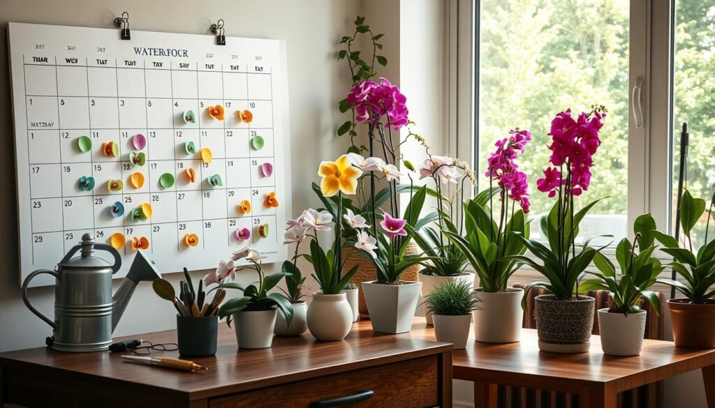 A serene indoor garden scene showcasing a well-organized watering schedule. In the foreground, a stylish wooden table displays a large wall calendar filled with colorful stickers indicating watering days, alongside gardening tools like a watering can and plant mister. The middle ground features various vibrant indoor flowers in decorative pots, such as orchids, peace lilies, and snake plants, showcasing healthy blooms. The background includes a sunlit window with greenery outside, casting soft, natural light into the room. The atmosphere is calm and nurturing, emphasizing a sense of care and attention to plant well-being. The focus is sharp on the calendar and flowers, using a warm color palette to evoke positivity and growth, shot from a slightly elevated angle.