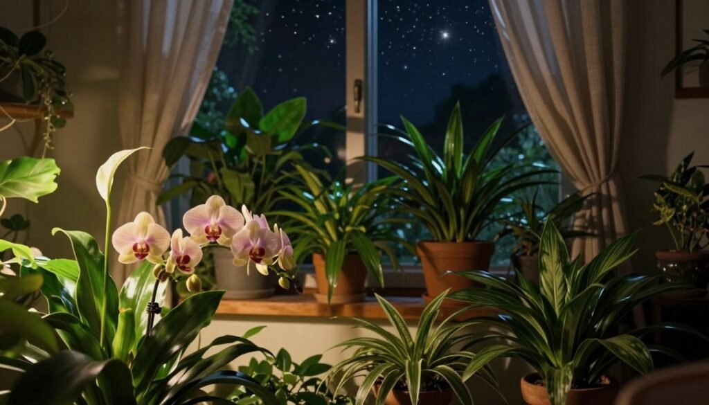 A serene indoor garden scene showcasing photoperiod plants in various stages of blooming. In the foreground, vibrant flowering plants, such as orchids and peace lilies, are illuminated by soft, warm artificial light, highlighting their delicate petals. The middle ground features lush green leaves and several potted plants with contrasting textures, ensconced in a subtle play of shadow and light. In the background, a window reveals a starry night sky, signifying the importance of extended darkness for flowering, with curtains gently swaying. The atmosphere is calm and introspective, inviting viewers to appreciate the relationship between light, darkness, and plant growth. Use a soft focus to enhance the feeling of tranquility, capturing the essence of nurturing indoor flora. A serene indoor garden scene showcasing photoperiod plants in various stages of blooming. In the foreground, vibrant flowering plants, such as orchids and peace lilies, are illuminated by soft, warm artificial light, highlighting their delicate petals. The middle ground features lush green leaves and several potted plants with contrasting textures, ensconced in a subtle play of shadow and light. In the background, a window reveals a starry night sky, signifying the importance of extended darkness for flowering, with curtains gently swaying. The atmosphere is calm and introspective, inviting viewers to appreciate the relationship between light, darkness, and plant growth. Use a soft focus to enhance the feeling of tranquility, capturing the essence of nurturing indoor flora.