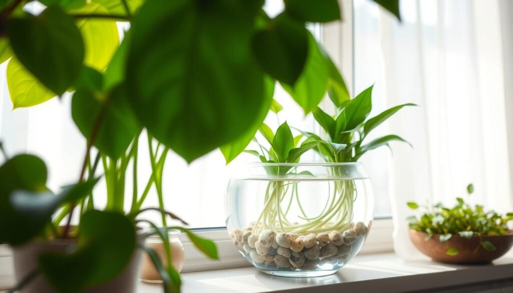 A serene indoor scene featuring various water plants arranged harmoniously on a windowsill. In the foreground, vibrant green leaves of a Pothos and a Snake Plant reach towards the natural light flooding in. The middle ground showcases a crystal-clear glass bowl filled with decorative pebbles and lush aquatic plants gently swaying beneath the water surface. In the background, soft natural light filters through sheer curtains, creating a warm, inviting atmosphere. A close-up angle captures the intricate details of the water plants, showcasing droplets glistening on their leaves. The overall mood is tranquil and refreshing, emphasizing the importance of hydration for healthy indoor plants. The image is free of text or additional elements, focusing solely on the beauty of the water plants in their environment.