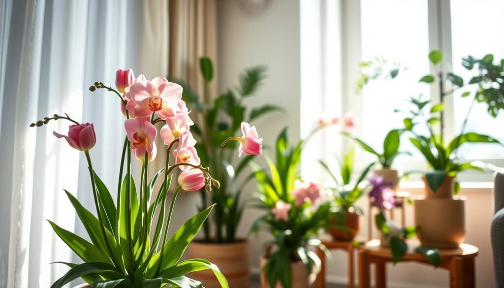 A serene indoor scene showcasing a collection of vibrant indoor flowers being bathed in bright indirect light. In the foreground, detailed tulips and orchids bloom in a stylish pot, their petals delicately illuminated by soft, diffused sunlight filtering through a sheer curtain. The middle ground features a beautifully arranged wooden plant stand, enhancing the display of various greenery, such as ferns and pothos, each casting gentle shadows. In the background, a cozy, well-lit room with subtle neutral tones adds warmth to the atmosphere. The lighting creates a tranquil, inviting mood, suggesting optimal growth conditions for indoor plants. Use a soft-focus lens effect to accentuate the flowers and convey a peaceful, nurturing environment.