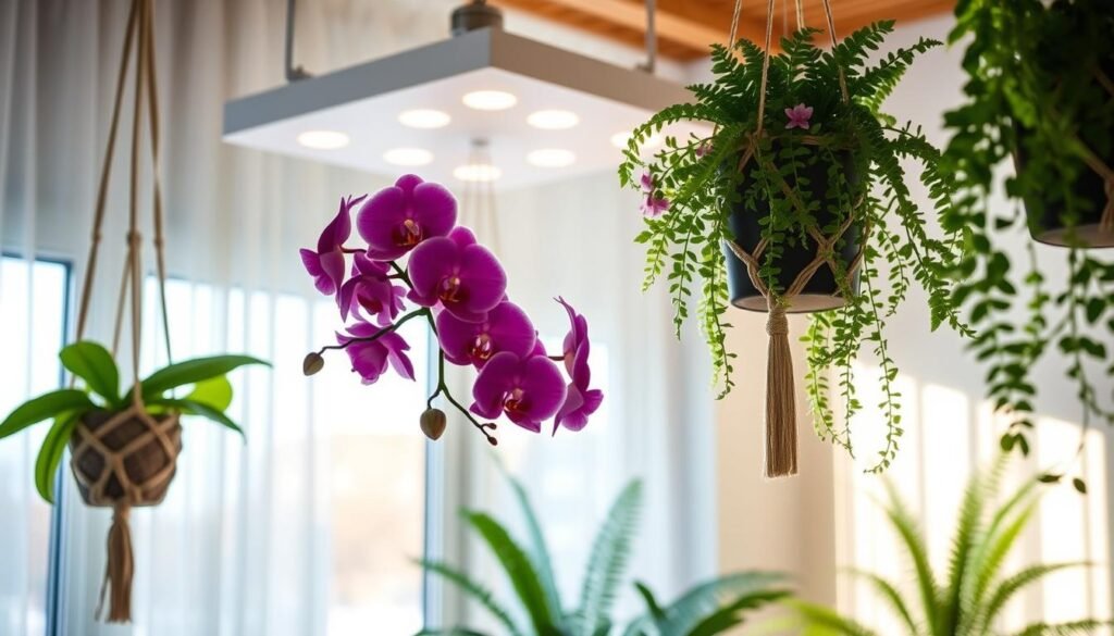 A serene indoor setting featuring a variety of flowering plants hanging at different heights using a light guide system. In the foreground, focus on vibrant blooming orchids and ferns suspended in elegant macrame hangers, showcasing their lush, green leaves. The middle ground includes a sleek, modern light fixture with adjustable LED bulbs illuminating the plants, angled for optimal light distribution. The background reveals a softly blurred window with gentle winter sunlight filtering through sheer curtains, creating a warm atmosphere. The overall color palette is a soothing blend of greens, whites, and warm wood tones, conveying a sense of tranquility and care for plants. The composition highlights the importance of light placement for indoor flower health during winter.