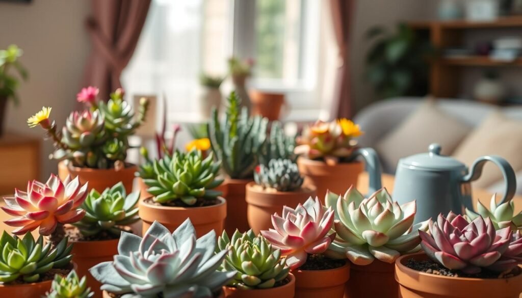 A serene indoor setting showcasing a collection of vibrant succulents arranged in decorative terracotta pots on a wooden table. The foreground features various succulent types like Echeveria and Aloe, displaying their fleshy leaves and unique textures, while some are in full bloom with delicate flowers. In the middle ground, a watering can rests beside the plants, hinting at the care they require. The background is softly blurred, revealing a sunlit window with sheer curtains allowing gentle light to filter through, creating a warm, inviting atmosphere. Use natural lighting to enhance the colors and textures of the plants, capturing the essence of simple yet elegant succulent care in a home environment. The angle should be slightly elevated to provide an expansive view of the succulent arrangement.