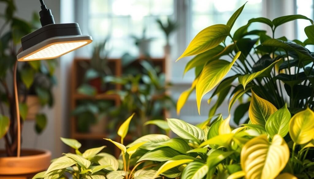A serene indoor setting showcasing a variety of vibrant houseplants with yellowing leaves, indicating distress. In the foreground, a modern, energy-efficient grow light illuminates the plants with a soft, warm glow, highlighting their rich greens and yellow edges. The middle ground features a diverse collection of indoor flowers like peace lilies and pothos, some showing signs of improvement under the grow light, while others remain troubled. The background is a softly blurred interior, perhaps with a window letting in natural light, creating a harmonious balance of warmth and care. The atmosphere is hopeful and nurturing, conveying the positive effects of appropriate lighting on plant health. The image should be well-lit, capturing details of the leaves and textures with a slight depth of field.