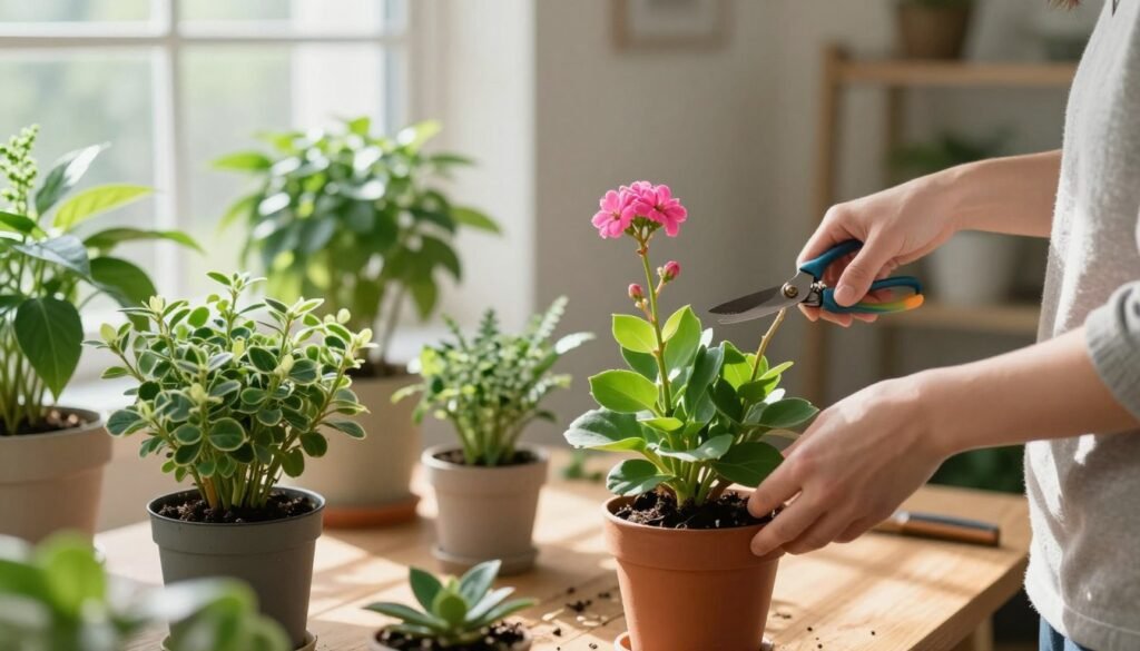 A serene indoor setting showcasing the process of pruning leggy flowering plants to encourage fuller growth. In the foreground, a person in modest casual clothing is carefully trimming the long stems of a vibrant green potted plant with bright pink flowers, using sharp pruning shears. The middle ground features a wooden table with an array of healthy plants, some fully bushy and others in various stages of growth. The background illustrates a softly lit room with natural light streaming in through a large window, casting gentle shadows and highlighting the lush greenery. The overall mood is calm and nurturing, emphasizing the beauty of plant care and the joy of gardening indoors.