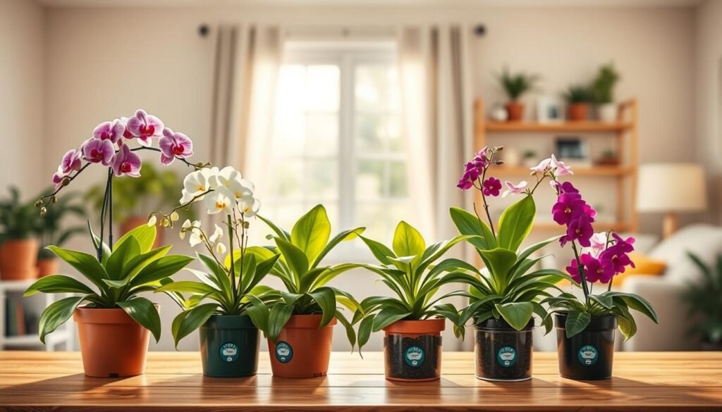A serene indoor setting showcasing various common flowering houseplants, arranged artistically on a wooden table. In the foreground, depict vibrant pots of popular indoor blooms like orchids, peace lilies, and African violets with visible soil moisture indicators beside each plant. The middle ground features a soft focus on gentle sunlight streaming through a window, illuminating the plants’ lush green leaves and colorful flowers. The background should be a cozy, well-lit room with hints of soft pastel colors, enhancing a calm atmosphere. Use warm lighting to create a welcoming feel, with a shallow depth of field to draw attention to the moisture gauges, capturing the essence of effective indoor plant care.
