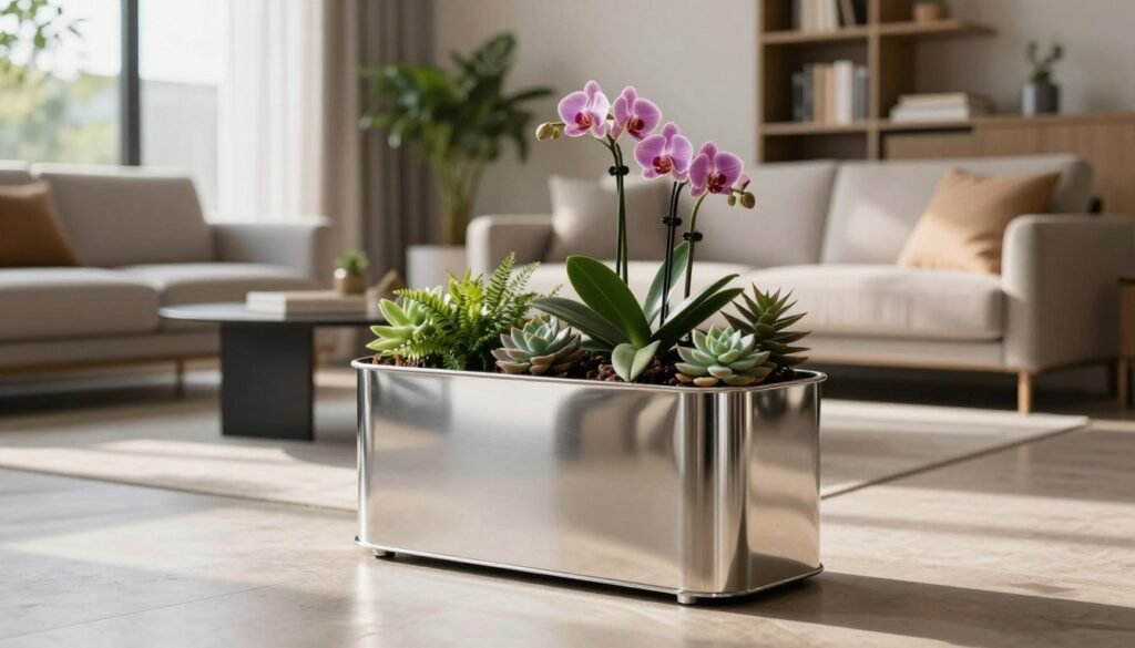 A sleek stainless steel metal planter, elegantly designed with smooth, modern lines and a highly reflective surface, sits prominently in the foreground. The planter is filled with lush, vibrant indoor flowers, such as orchids and succulents, which add a touch of color and life. In the middle ground, a stylish living room setting features minimalist furniture and tasteful decor, enhancing the contemporary vibe. Soft, natural lighting filters through large windows, casting gentle shadows and creating a warm atmosphere. The background reveals a well-organized bookshelf and indoor greenery, contributing to a serene home environment. The perspective should be slightly elevated, showcasing the planter’s elegance while inviting viewers to envision it in their own stylish homes.