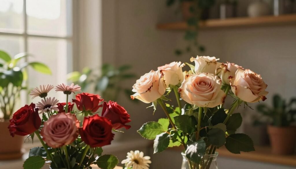 A soft, diffused sunlight entering through a window illuminates a cozy indoor setting filled with various blooming flowers in a vase. In the foreground, focus on vibrant flowers like roses and daisies, showcasing their rich hues as they gradually fade—pale petal edges reveal signs of light stress. The middle ground captures a gently blurred background of a sunlit room, featuring wooden shelves and green leaves of indoor plants. A golden-hour ambiance, with warm lighting casting gentle shadows, enhances the tranquil atmosphere. The perspective is slightly angled to emphasize both the fading flower colors and the luminous light source. Overall, evoke a sense of serene beauty while highlighting the delicate balance of light affecting indoor flowers.