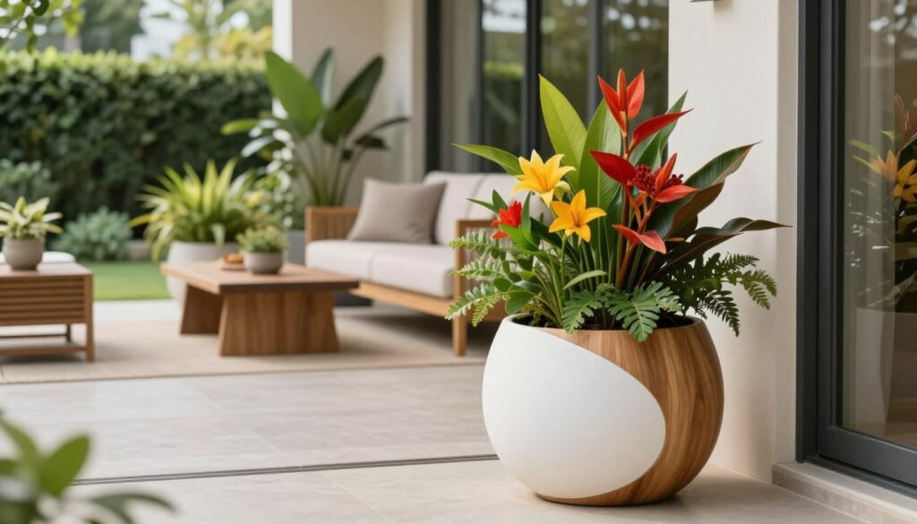 A stylish indoor and outdoor planter is prominently placed in the foreground, showcasing a unique, modern design with a combination of smooth white ceramic and warm wooden accents. The planter is filled with vibrant tropical flowers and lush green foliage, exuding a fresh and inviting atmosphere. In the middle ground, a well-lit open space reveals a contemporary living area that seamlessly transitions into an outdoor patio, adorned with similar planters to create cohesion. Soft, natural light filters through large glass doors, enhancing the colors of the plants. The background features a serene garden scene with soft, blurred greenery, contributing to a peaceful ambiance. The overall mood is sophisticated yet relaxed, ideal for showcasing modern flower display trends in stylish homes.