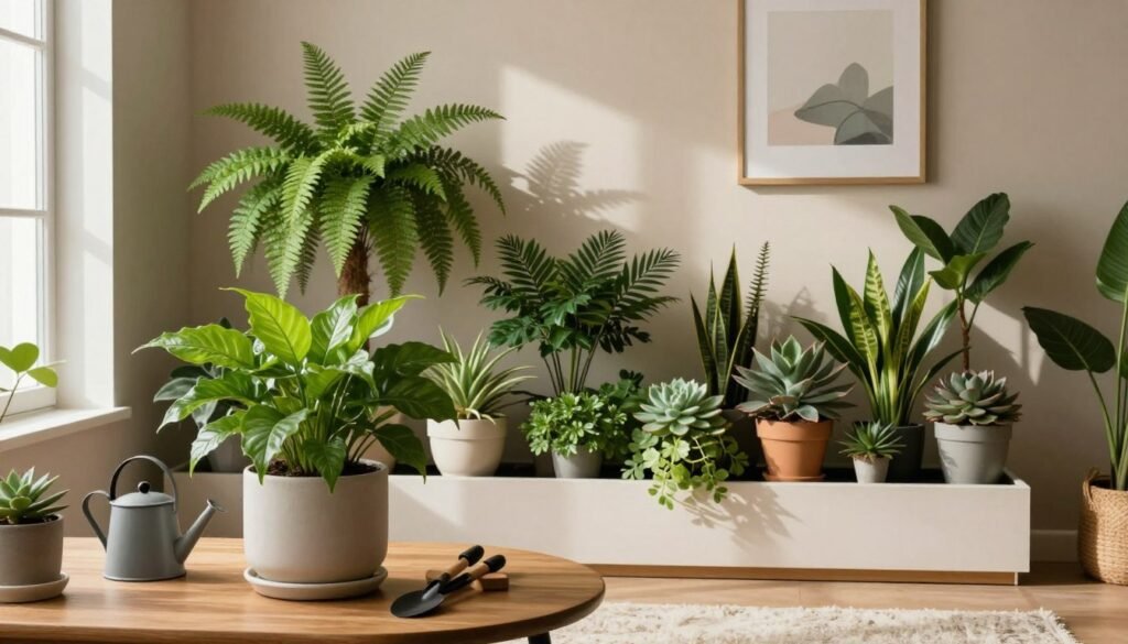 A stylish indoor setting featuring a variety of thriving indoor plants, prominently displaying a well-maintained planter with lush greenery. In the foreground, highlight a wooden table adorned with a sleek ceramic pot filled with vibrant green foliage, carefully placed gardening tools, and a small watering can. The middle section showcases an array of diverse plants like ferns and succulents, creatively arranged on floating shelves against a warm, neutral wall. Soft, natural light filters in through a nearby window, casting gentle shadows that enhance the texture of the leaves. The background features a hint of decorative elements like a minimalist framed artwork and a soft, textured rug, contributing to a calm and inviting atmosphere. The overall mood reflects tranquility and elegance, ideal for modern home interiors.