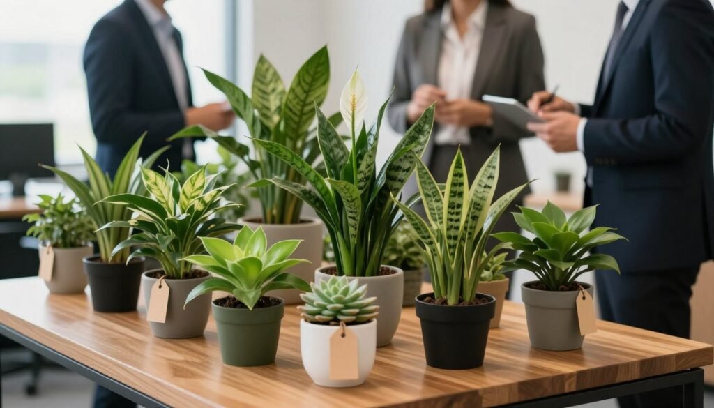 A stylish office setting featuring a beautifully arranged corporate gifting display of indoor plants. In the foreground, a modern wooden table showcases various elegant potted plants like peace lilies, snake plants, and succulents, each with professional gift tags. The middle ground has a tasteful arrangement with a soft, natural light illuminating the greenery, enhancing the vibrant colors of the leaves. In the background, there are blurred silhouettes of professional business individuals in smart attire discussing the plants, adding a subtle dynamic element. The overall mood is polished and sophisticated, with a warm and inviting atmosphere that emphasizes professionalism and the joy of gift-giving in a corporate environment. Use a soft-focus lens effect to create an inviting warmth.