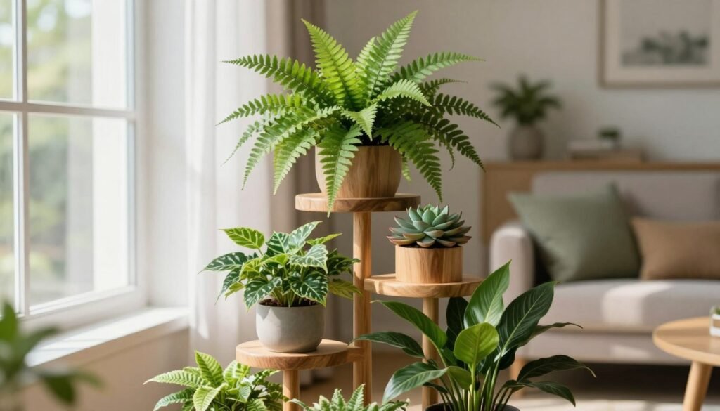 A stylish plant stand crafted from natural wood, featuring multiple tiers adorned with vibrant indoor plants like ferns, peace lilies, and succulents. In the foreground, the plant stand is elegantly positioned beside a sunny window, showcasing the tailored sizes and arrangements of the plants for optimal visibility. The middle ground includes a cozy living room setting with soft furnishings and decor that complements the green hues of the plants. The background is softly blurred, with light streaming through sheer curtains, casting gentle shadows for a warm, inviting atmosphere. The overall mood is serene and inspiring, perfect for showcasing creative indoor flower display ideas. The image is bright, with natural lighting and a shallow depth of field to focus on the plant stand, creating an appealing and harmonious composition.