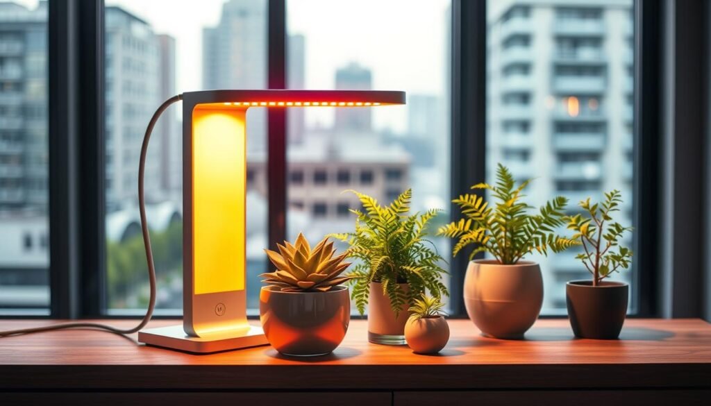 A stylish tabletop grow light designed for small plants, placed on a modern, minimalist wooden shelf. In the foreground, the grow light emits a vibrant, warm glow, casting soft light onto several healthy indoor plants, including succulents and ferns that thrive in low light. The middle ground features a sleek, contemporary pot with a small flowering plant, adorned with subtle decorations. The background reveals a blurred urban setting through a large window, creating a calming ambiance. The lighting is soft yet vivid, emphasizing the greenery while creating a cozy atmosphere. The image captures a harmonious balance of nature and modern design, showcasing the grow light as an elegant solution for enhancing indoor humidity and plant care.