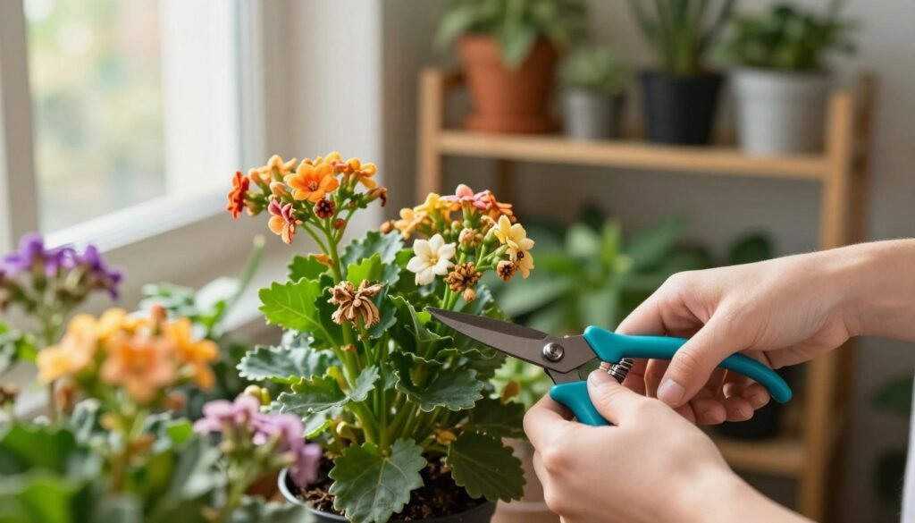 A tranquil indoor gardening scene showcasing a person gently pruning a vibrant flowering plant. In the foreground, focus on their hands delicately trimming off dead blooms with sharp, shiny garden shears. The middle ground reveals a lush green plant with clusters of colorful flowers, some in full bloom and others just beginning to wilt. In the background, a softly lit shelf filled with various potted plants creates a nurturing atmosphere, while sunlight streams through a nearby window, casting warm highlights across the scene. The composition captures the essence of care and rejuvenation in indoor gardening, conveying a sense of peace and encouragement for reblooming. A tranquil indoor gardening scene showcasing a person gently pruning a vibrant flowering plant. In the foreground, focus on their hands delicately trimming off dead blooms with sharp, shiny garden shears. The middle ground reveals a lush green plant with clusters of colorful flowers, some in full bloom and others just beginning to wilt. In the background, a softly lit shelf filled with various potted plants creates a nurturing atmosphere, while sunlight streams through a nearby window, casting warm highlights across the scene. The composition captures the essence of care and rejuvenation in indoor gardening, conveying a sense of peace and encouragement for reblooming.