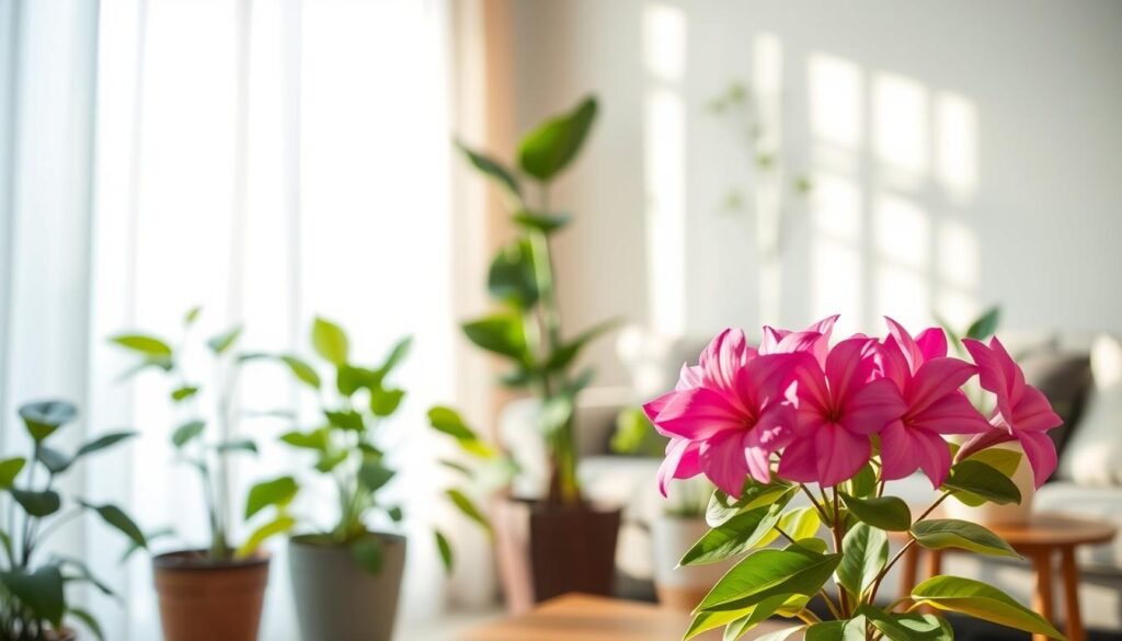 A tranquil indoor scene showcasing various potted flowering plants, softly illuminated by gentle, indirect natural light filtering through sheer curtains. In the foreground, a vibrant pink flowering plant with lush green leaves sits elegantly on a wooden table, catching a warm glow. In the middle, a variety of other indoor plants, like a golden pothos and a white peace lily, are arranged harmoniously against a neutral wall, their leaves casting delicate shadows. The background features a hint of a cozy living room, blurred to emphasize the plants as the focal point. The overall atmosphere is calm and serene, evoking a sense of nurturing and attentiveness, perfect for highlighting the importance of proper lighting in plant care. A tranquil indoor scene showcasing various potted flowering plants, softly illuminated by gentle, indirect natural light filtering through sheer curtains. In the foreground, a vibrant pink flowering plant with lush green leaves sits elegantly on a wooden table, catching a warm glow. In the middle, a variety of other indoor plants, like a golden pothos and a white peace lily, are arranged harmoniously against a neutral wall, their leaves casting delicate shadows. The background features a hint of a cozy living room, blurred to emphasize the plants as the focal point. The overall atmosphere is calm and serene, evoking a sense of nurturing and attentiveness, perfect for highlighting the importance of proper lighting in plant care.