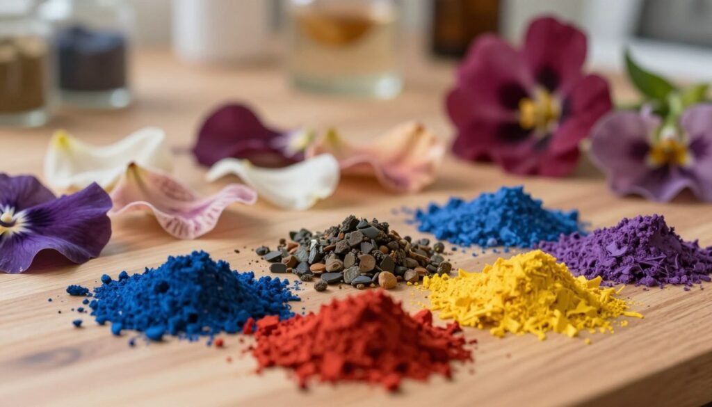 A vibrant and detailed composition showcasing various pigments associated with flower colors, arranged on a wooden table. In the foreground, clusters of rich, crushed pigments in shades of red, blue, yellow, and purple, with fine textures and subtle sheen, hinting at their natural origins. The middle ground features delicate flower petals in different stages of color fading, radiating soft, muted tones contrasting against the vibrant pigments. The background is softly blurred, hinting at an indoor environment with warm, diffused lighting that creates a cozy ambiance. The scene captures a sense of scientific exploration, evoking curiosity about how indoor conditions affect flower color and pigments. The overall atmosphere is warm and inviting, perfect for illustrating the interaction between light and color in plant life.