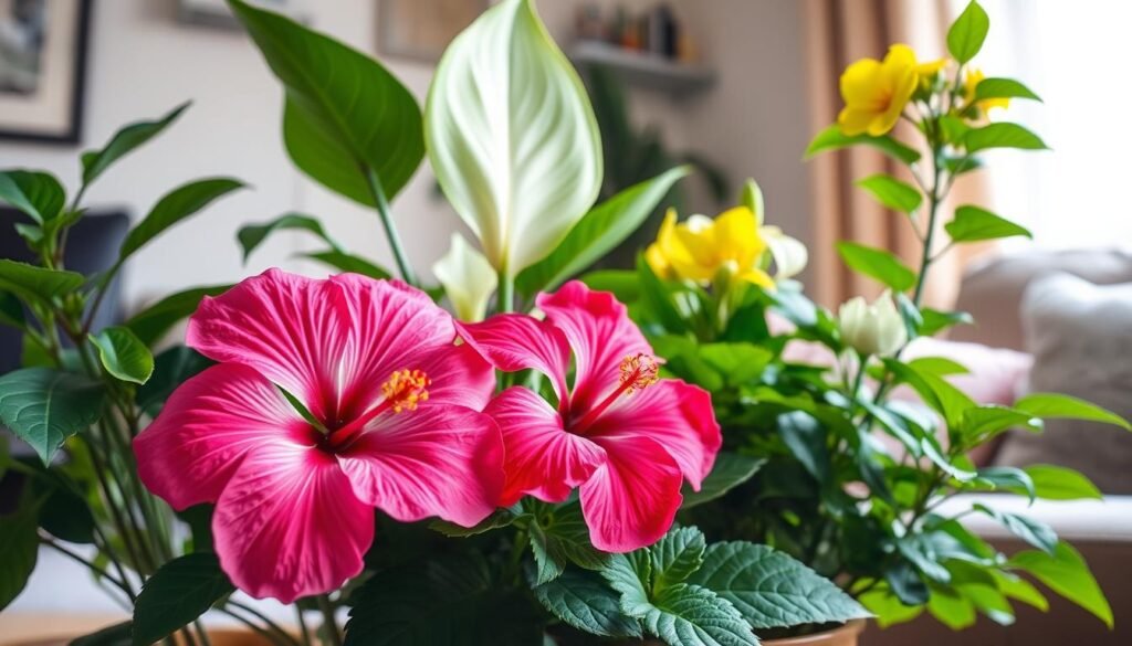 A vibrant collection of indoor flowering plants in various stages of bloom occupies a cozy living room setting. In the foreground, a bright pink hibiscus flower showcases its large petals, while a cluster of delicate white jasmine flowers emits a subtle fragrance nearby. The middle ground features a leafy green peace lily with its elegant white blooms, and a cheerful yellow African violet adds a pop of color. The background reveals soft, diffused natural light flooding through a nearby window, highlighting the textures and colors of the leaves. The atmosphere is warm and inviting, evoking a sense of serenity and nurturing. The composition is captured from a slightly elevated angle to emphasize the plants' diversity and vitality, ensuring a clear focus on both their beauty and potential challenges in indoor care.