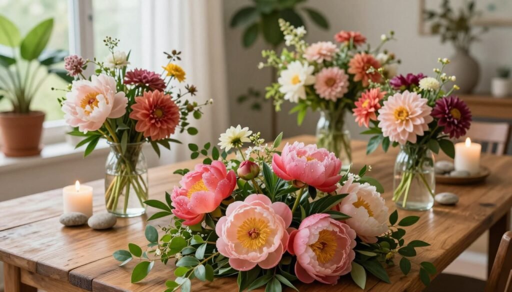A vibrant floral display arranged artistically on a rustic wooden table, featuring a harmonious blend of peonies, dahlias, and fresh greenery. In the foreground, a close-up of a bouquet, showcasing vivid colors and intricate petal textures, with droplets of water enhancing their freshness. The middle ground provides a wider view of additional floral arrangements in elegant glass vases, each unique in style, surrounded by decorative elements like candles and small stones. The background softly transitions to a light-filled, airy indoor space with lush potted plants and sheer curtains, creating a calming atmosphere. Warm, natural lighting illuminates the scene, emphasizing the beauty of the flowers and evoking inspiration for indoor decoration. The perspective is slightly angled to capture depth and dimension, inviting viewers to explore the arrangement.