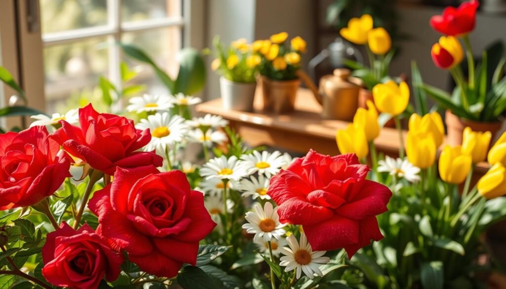 A vibrant indoor garden scene showcasing a variety of blooming flowers, including rich red roses, delicate white daisies, and bright yellow tulips. In the foreground, focus on dew-kissed petals that glisten in the soft, warm morning light, creating a sense of freshness. In the middle layer, include lush green leaves that frame the blooms, enhancing their vivid colors and emphasizing healthy growth. In the background, a wooden table with gardening tools like a watering can and a small potted herb plant adds a touch of maintenance and care. The atmosphere is serene and inviting, with gentle sunlight streaming through a nearby window, casting soft shadows. The image should evoke feelings of tranquility and the joy of nurturing indoor flowers, ideal for illustrating the importance of smart watering techniques.